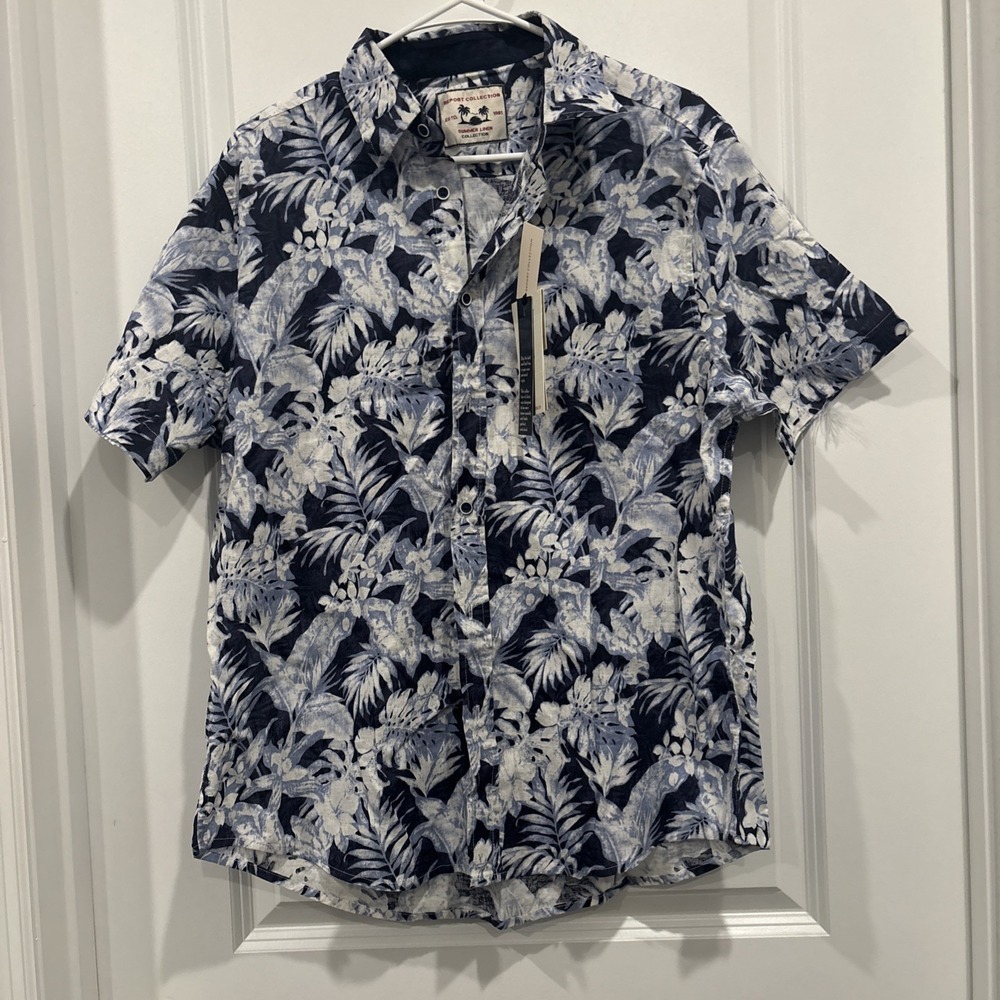 Report Collection Tropical Linen Button Up Shirt Men's L Short Sleeve Coastal